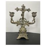 Antique Crucifix Spelter Bronze Candelabra