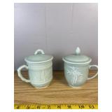 Celadon Green Ceramic Bamboo Mugs w/ Lids