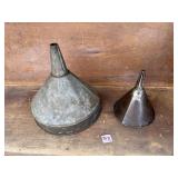 2 Vintage Galvanized Metal Oil Gasoline Funnels