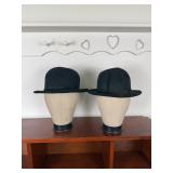 2 Vintage Black Wool Felt Bowler Derby Hats Lot