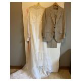 1980s Wedding Gown & Mens 3Pc Tweed Suit 40R Set