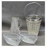 Crystal Syrup Pitcher, Ice Bucket, Spoon Trays (2)