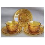 Amber Glass Tea Cups w/Saucers