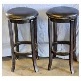 Classic Wood Bar Stools (2) Naugahyde Seats