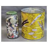Jar of Buttons & Old Sewing Print Tin Can