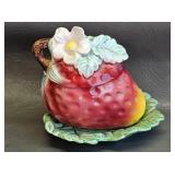 Vintage Pottery Strawberry Jam Jar w/Lid