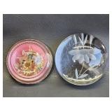 Engraved Glass & Dried Flower Paperweights (2)