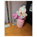 Pink Ceramic Lace-Pattern Vase with Fabric Flowers