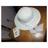 White Woven Wide-Brim Hat with Ribbon Bow