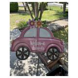 Pink Vintage Car 'Welcome Friends' Garden Stake Si
