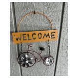 Metal Welcome Sign with Bicycle and Flower Accents