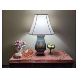 Assorted Household Decor - Westmoreland Glass Centerpiece Bowl, Candy Dish, Trinket Box, Lamp, Table Runner, Stone Eggs and Pitcher