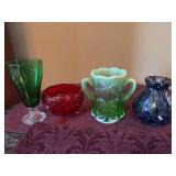Assorted Colored Glass Vases and Bowl