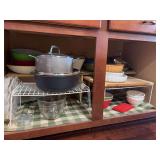 Contents of Cabinet - assorted pots and pans, baking dishes, misc