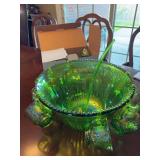20 Green Glass Punch Cups and Bowl with Plastic Ladle