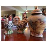Ceramic Rooster Statues (12”) and Vase with Lid