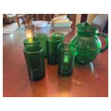 Green Glass Pitcher and 6 Bubble Glasses