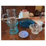 Blue Glass Pitcher and Misc