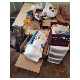 Large Assortment of Sewing Supplies - Fabric Pieces, Patterns, Storage Baskets, Etc.
