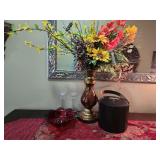 Home Decor - Flower Arrangement, 2 Etched Glass Candlesticks, Red Glass Bowl, Ice Bucket and Flower Vase