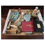 Box Lot of Collectibles - Cards, Dominos, Harmonica, Rocks, Sand Art