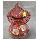 8' FENTON GLASS PAINTED CRANBERRY JIP VASE