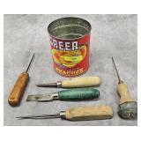 VINTAGE TIN W/ 5- VINTAGE ICE PICKS & KNIVES