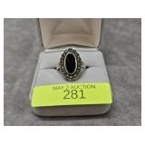STERLING SILVER ONYX & MARCASITE RING, SZ-6