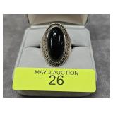 STERLING SILVER CABOCHON ONYX RING, SZ-8