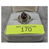 STERLING SILVER CABOCHON AMBER RING, SZ-7