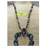 NAVAJO TURQUOISE & CORAL SQUASH BLOSSOM NECKLACE