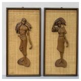 (2) 1960ï¿½s Teak Wood & Burlap Carved Wall Plaques