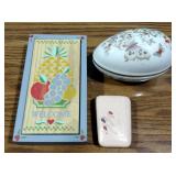 Porcelain Egg Trinket Box and Wood Plaque Lot