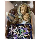 Religious Figurines, Rosaries, and Wall Plaque
