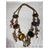 Vintage Brass Necklace with Colored Glass Stones