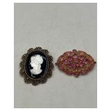 Cameo Brooch and Rhinestone Pin Set
