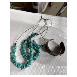 Turquoise Necklace and Metal Cuff Bracelet