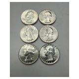 Six 1964 Silver US Quarters