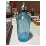 Blue Etched Glass Seltzer Bottle