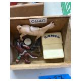 Figures, Tin Camel Box, and Metal Plate