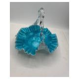 Blue Art Glass Basket With Clear Twisted Rim