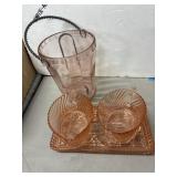 Pink Depression Glass Ice Bucket and Serving