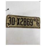 1969 Nebraska License Plate 30-X2869