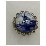 Delft Blue Windmill Ceramic Brooch