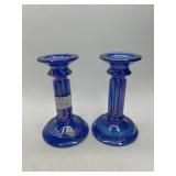 Fenton 6" Blue Iridescent Glass Candlesticks