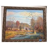 Framed Autumn Landscape Oil on Canvas, 25 1/2