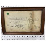 10 x 15 Framed Ink Drawing of Hunter and Dogs