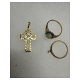 14K Gold Cross Pendant and Two Rings (9K & 11