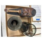 Wood Bust, Brass Vase, and Smoked Glass Vase