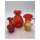 Amberina Crackle Glass Pitchers and Vase Set